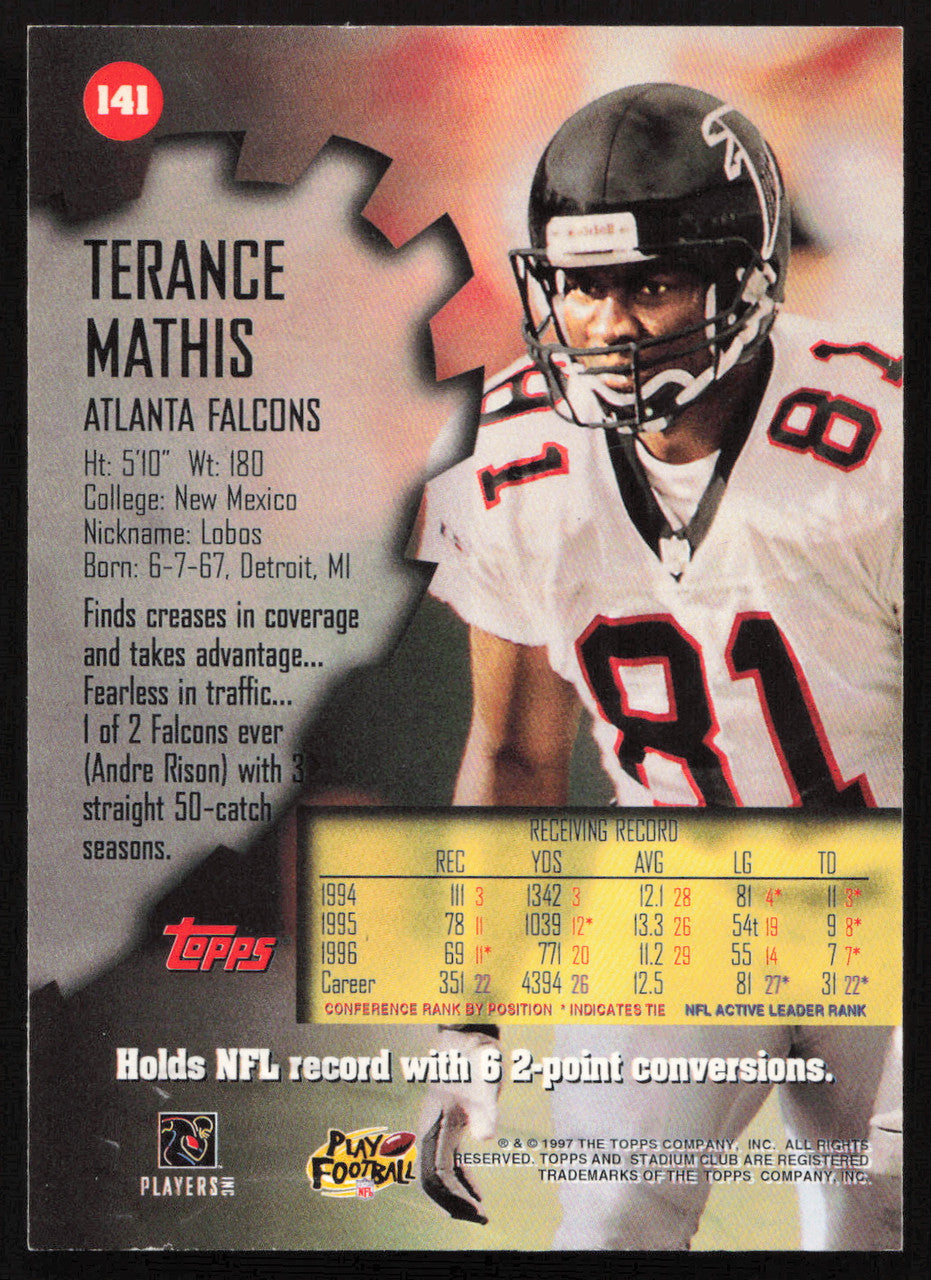 Terance Mathis Autographed 1997 Stadium Club Card #141 Atlanta Falcons SKU #261283