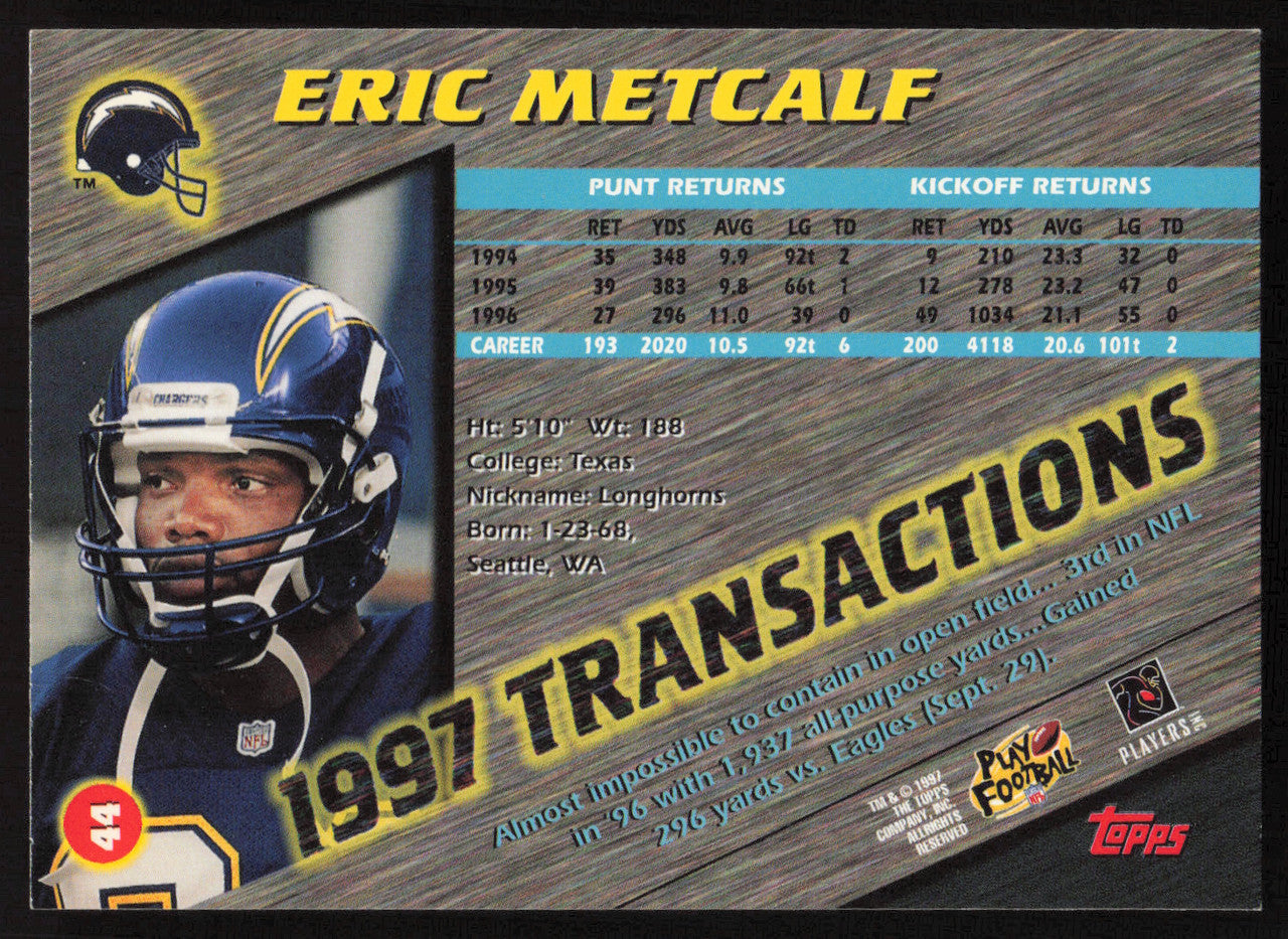 Eric Metcalf Autographed 1997 Stadium Club Card #44 San Diego Chargers SKU #261284