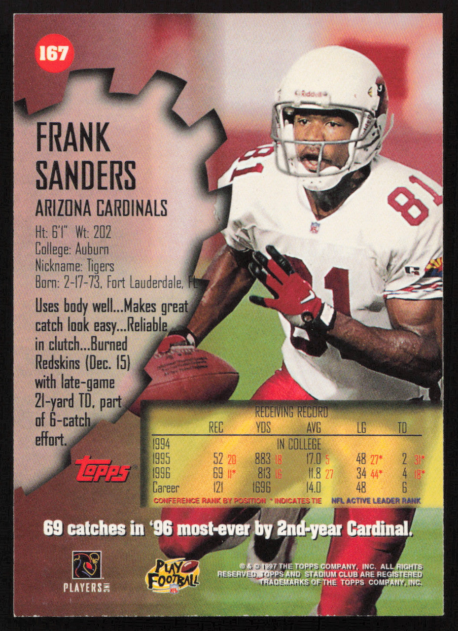 Frank Sanders Autographed 1997 Stadium Club Card #167 Arizona Cardinals SKU #261287