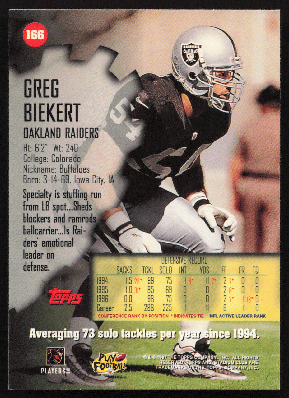 Greg Biekert Autographed 1997 Stadium Club Card #166 Oakland Raiders SKU #261291