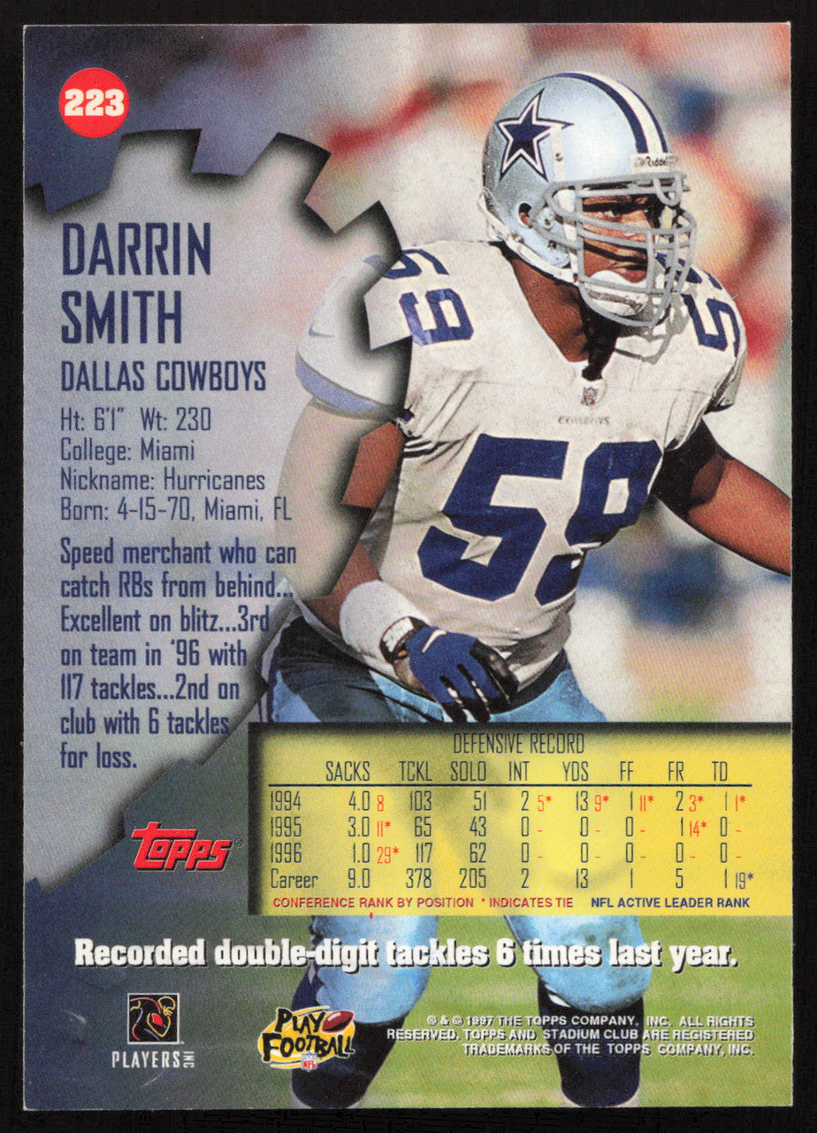 Darrin Smith Autographed 1997 Stadium Club Card #223 Dallas Cowboys SKU #261294