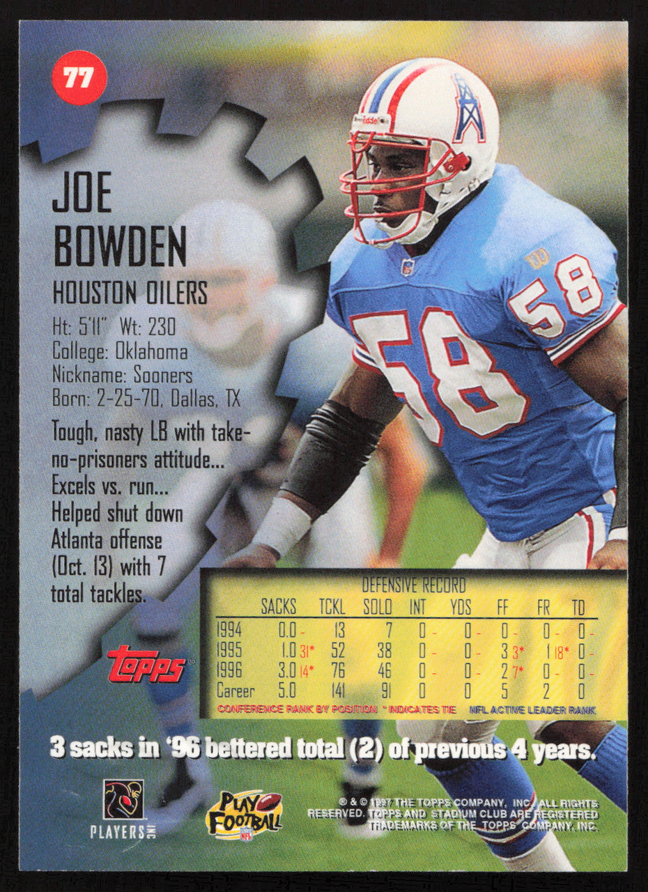 Joe Bowden Autographed 1997 Stadium Club Card #77 Tennessee Oilers SKU #261295