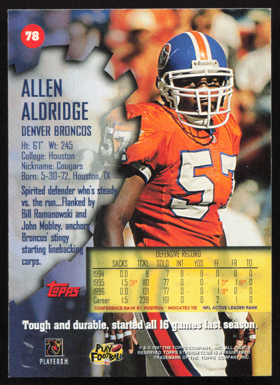 Allen Aldridge Autographed 1997 Stadium Club Card #78 Denver Broncos SKU #261297