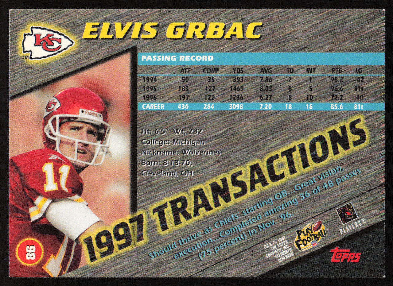 Elvis Grbac Autographed 1997 Stadium Club Card #86 Kansas City Chiefs SKU #261303