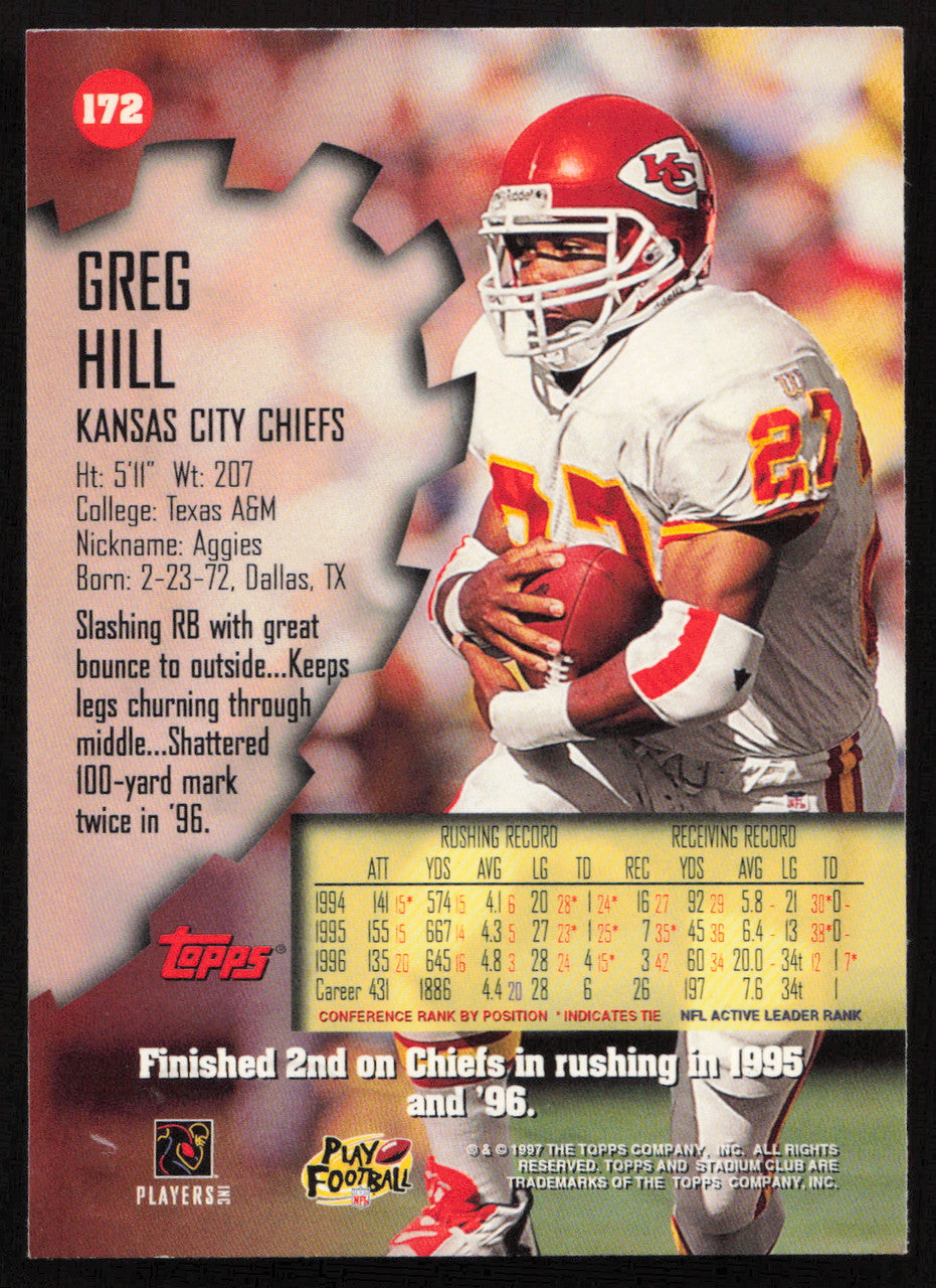 Greg Hill Autographed 1997 Stadium Club Card #172 Kansas City Chiefs SKU #261304