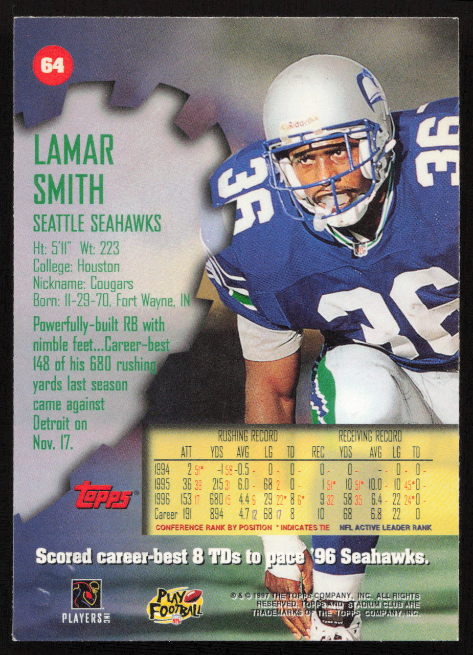 Lamar Smith Autographed 1997 Stadium Club Card #64 Seattle Seahawks SKU #261308
