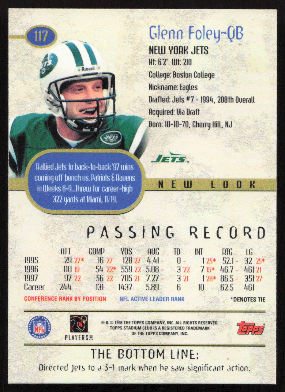Glenn Foley Autographed 1998 Stadium Club Card #117 New York Jets SKU #261317