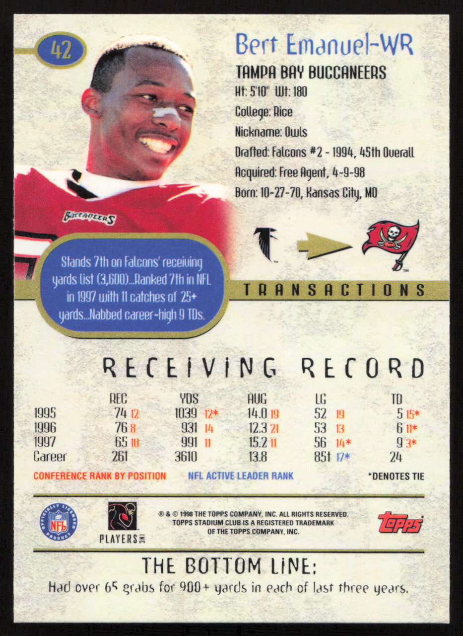 Bert Emanuel Autographed 1998 Stadium Club Card #42 Tampa Bay Buccaneers SKU #261319