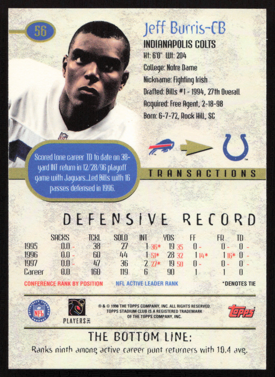 Jeff Burris Autographed 1998 Stadium Club Card #56 Indianapolis Colts SKU #261320
