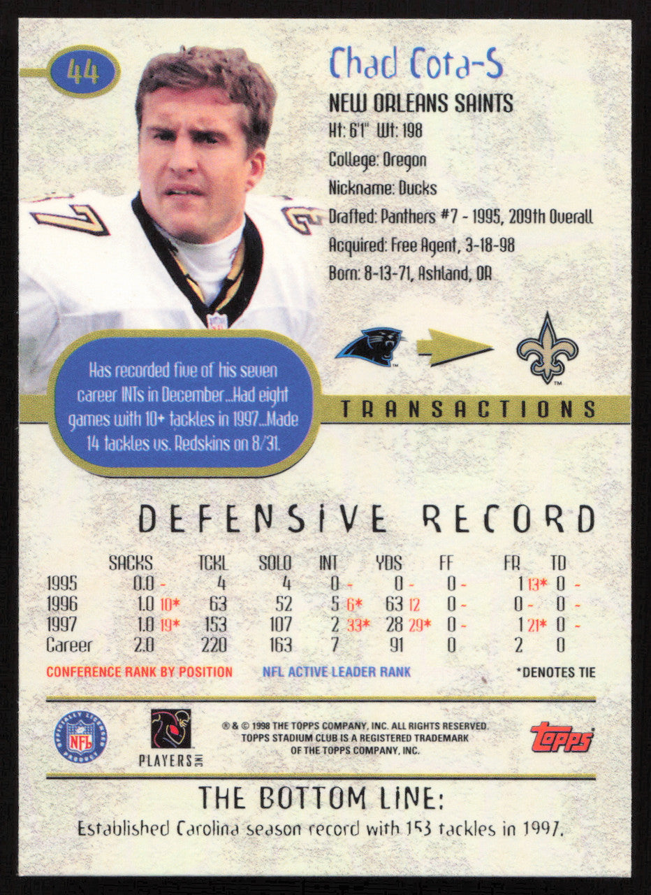 Chad Cota Autographed 1998 Stadium Club Card #44 New Orleans Saints SKU #261322