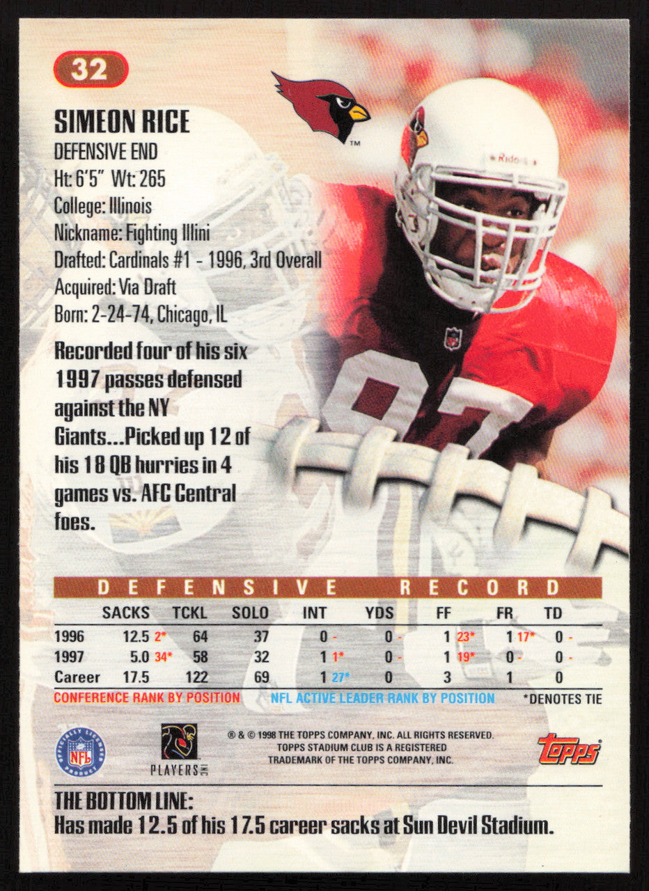Simeon Rice Autographed 1998 Stadium Club Card #32 Arizona Cardinals SKU #261323