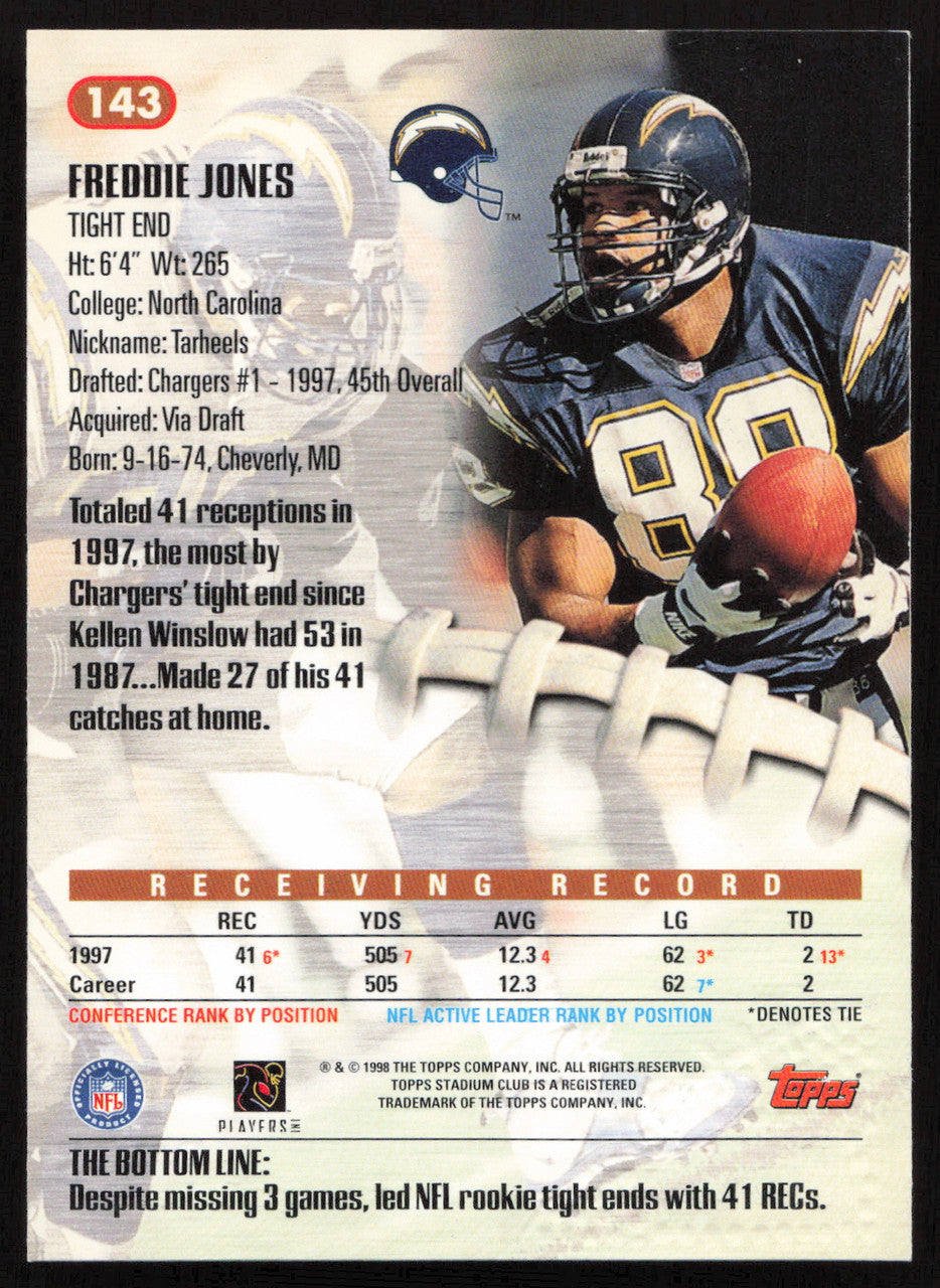 Freddie Jones Autographed 1998 Stadium Club Card #143 San Diego Chargers SKU #261324