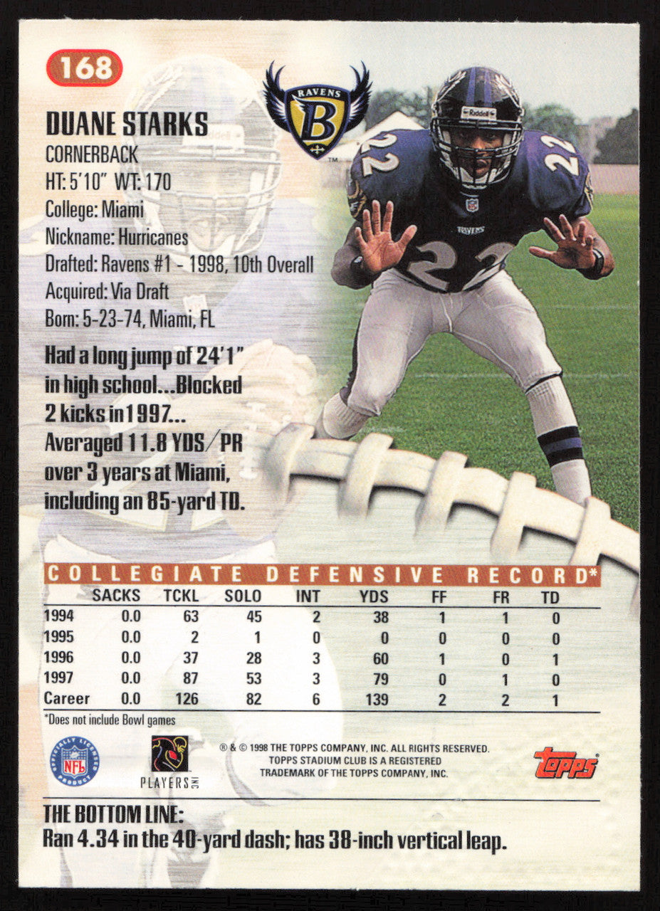 Duane Starks Autographed 1998 Stadium Club Card #168 Baltimore Ravens SKU #261328