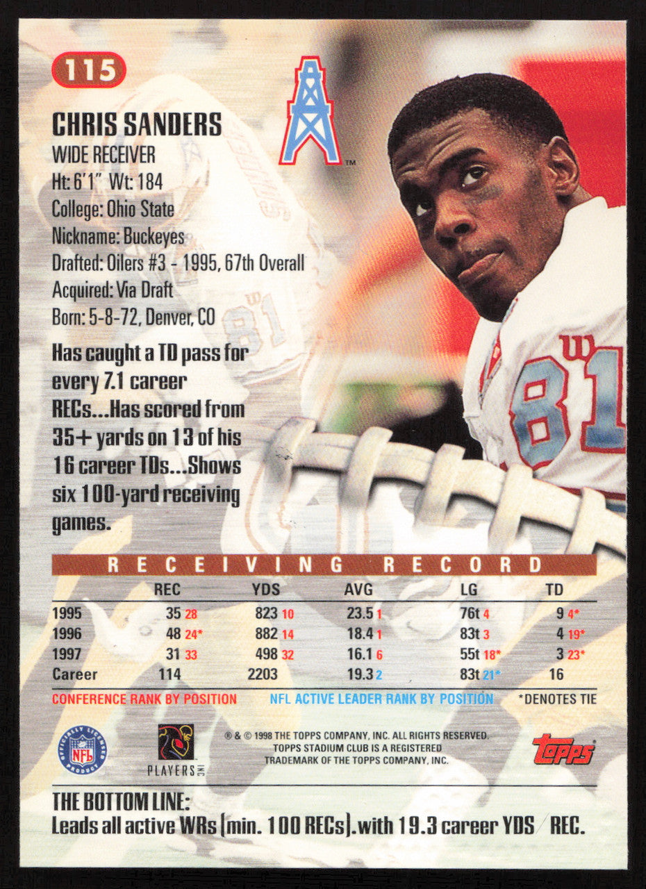 Chris Sanders Autographed 1998 Stadium Club Card #115 Tennessee Oilers SKU #261329