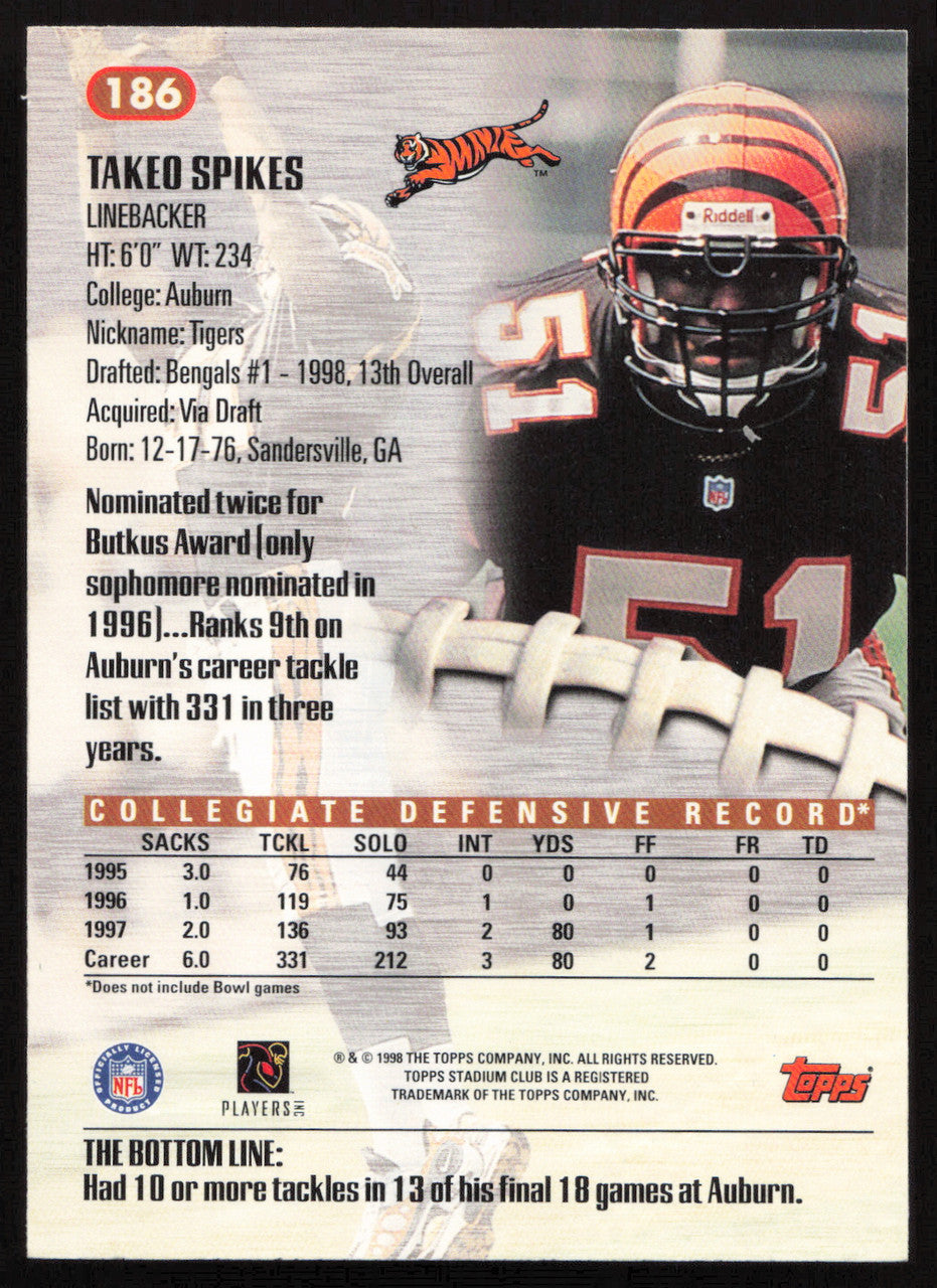 Takeo Spikes Autographed 1998 Stadium Club Rookie Card #186 Cincinnati Bengals SKU #261330