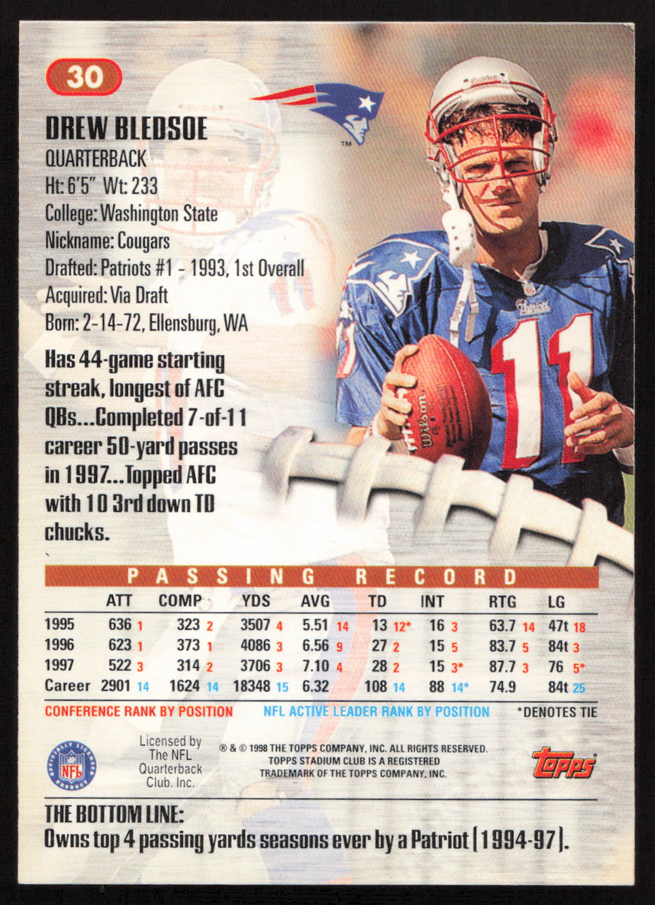 Drew Bledsoe Autographed 1998 Stadium Club Card #30 New England Patriots SKU #261331
