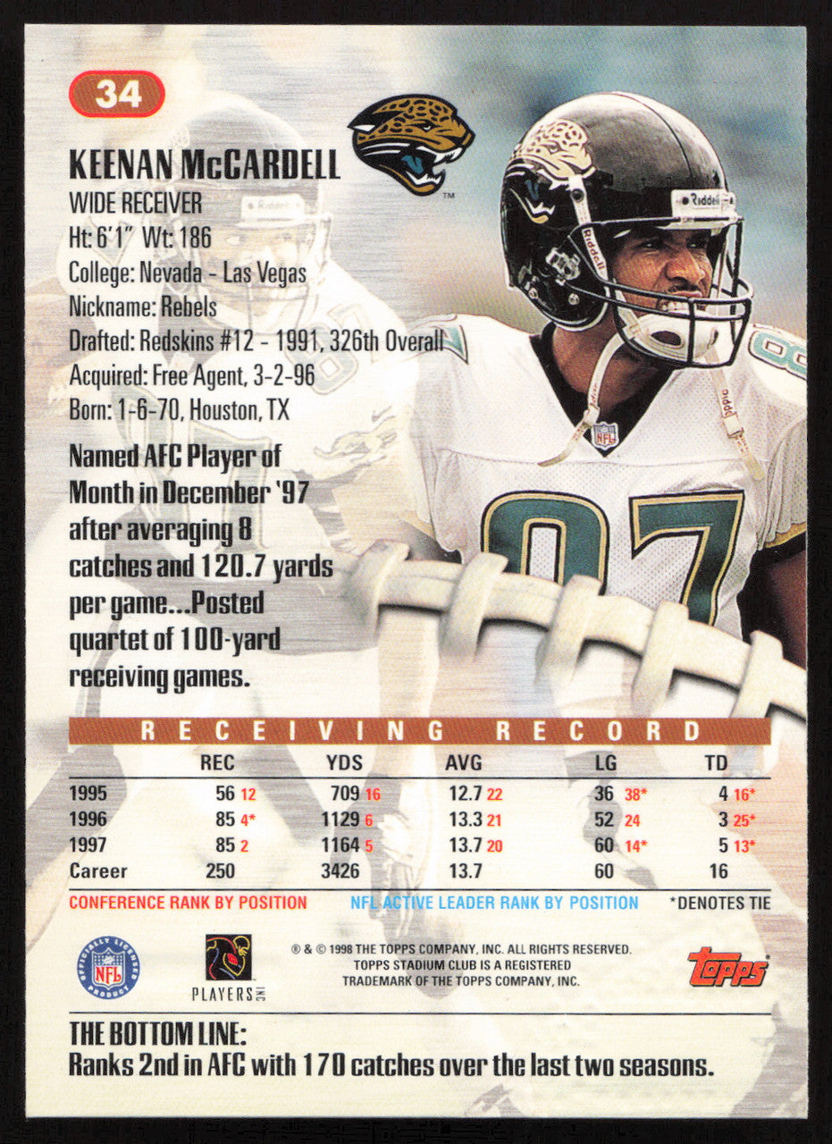 Keenan McCardell Autographed 1998 Stadium Club Card #34 Jacksonville Jaguars SKU #261335