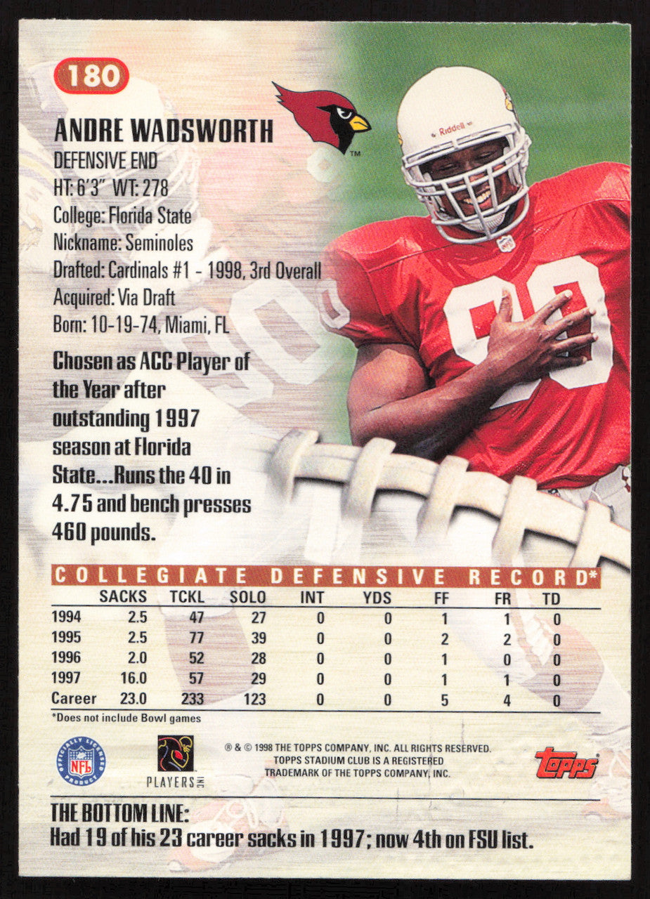 Andre Wadsworth Autographed 1998 Stadium Club Rookie Card #180 Arizona Cardinals SKU #261336