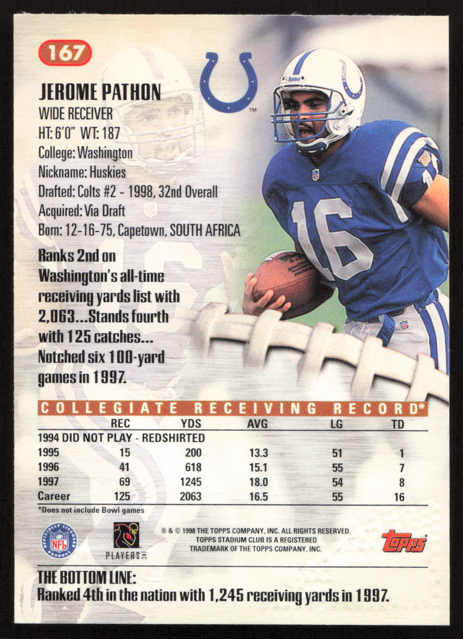 Jerome Pathon Autographed 1998 Stadium Club Rookie Card #167 Indianapolis Colts SKU #261337
