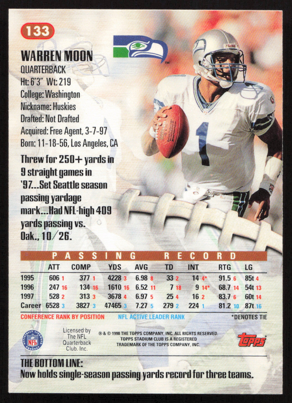 Warren Moon Autographed 1998 Stadium Club Card #133 Seattle Seahawks SKU #261340