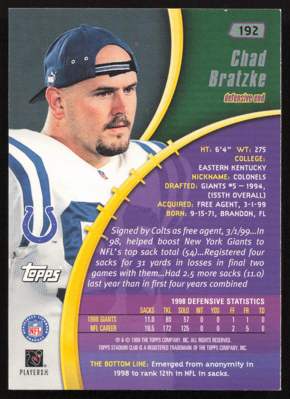 Chad Bratzke Autographed 1999 Stadium Club Card #192 Indianapolis Colts SKU #261341