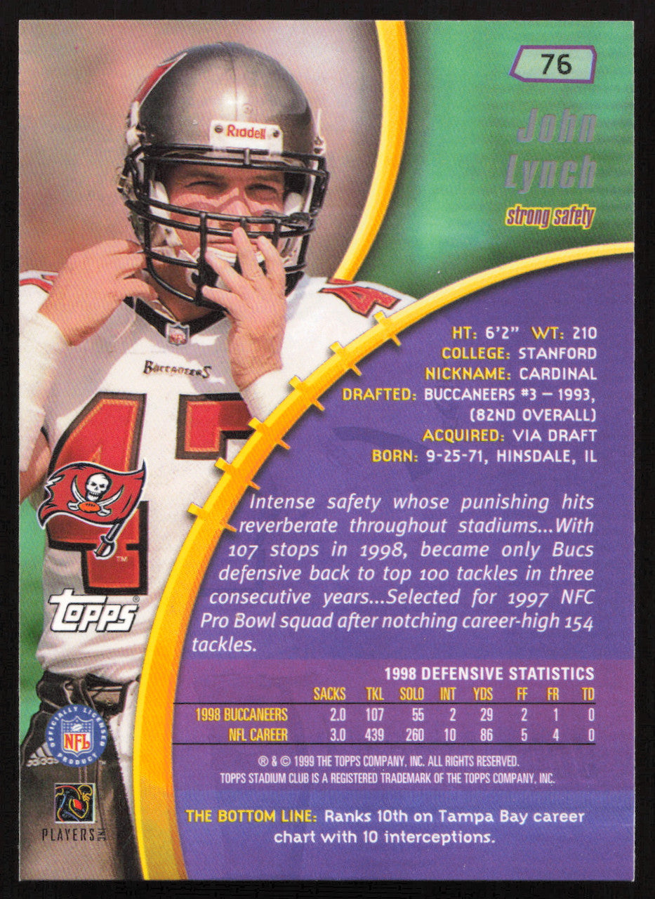 John Lynch Autographed 1999 Stadium Club Card #76 Tampa Bay Buccaneers SKU #261343