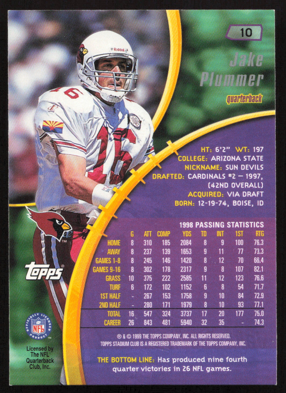 Jake Plummer Autographed 1999 Stadium Club Card #10 Arizona Cardinals SKU #261349
