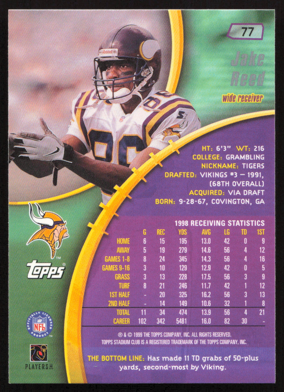 Jake Reed Autographed 1999 Stadium Club Card #77 Minnesota Vikings SKU #261354