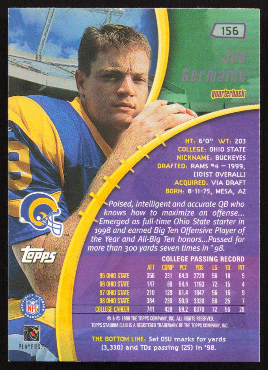 Joe Germaine Autographed 1999 Stadium Club Rookie Card #156 St. Louis Rams SKU #261356