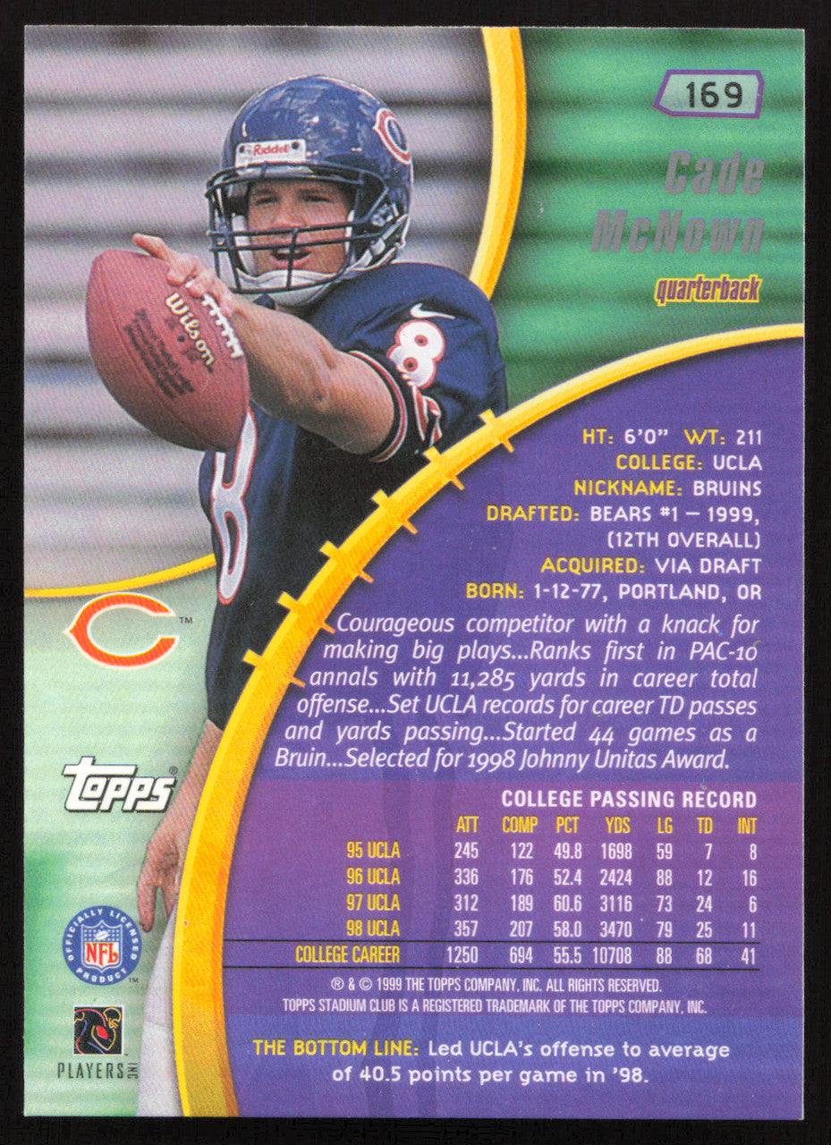 Cade McNown Autographed 1999 Stadium Club Rookie Card #169 Chicago Bears SKU #261358