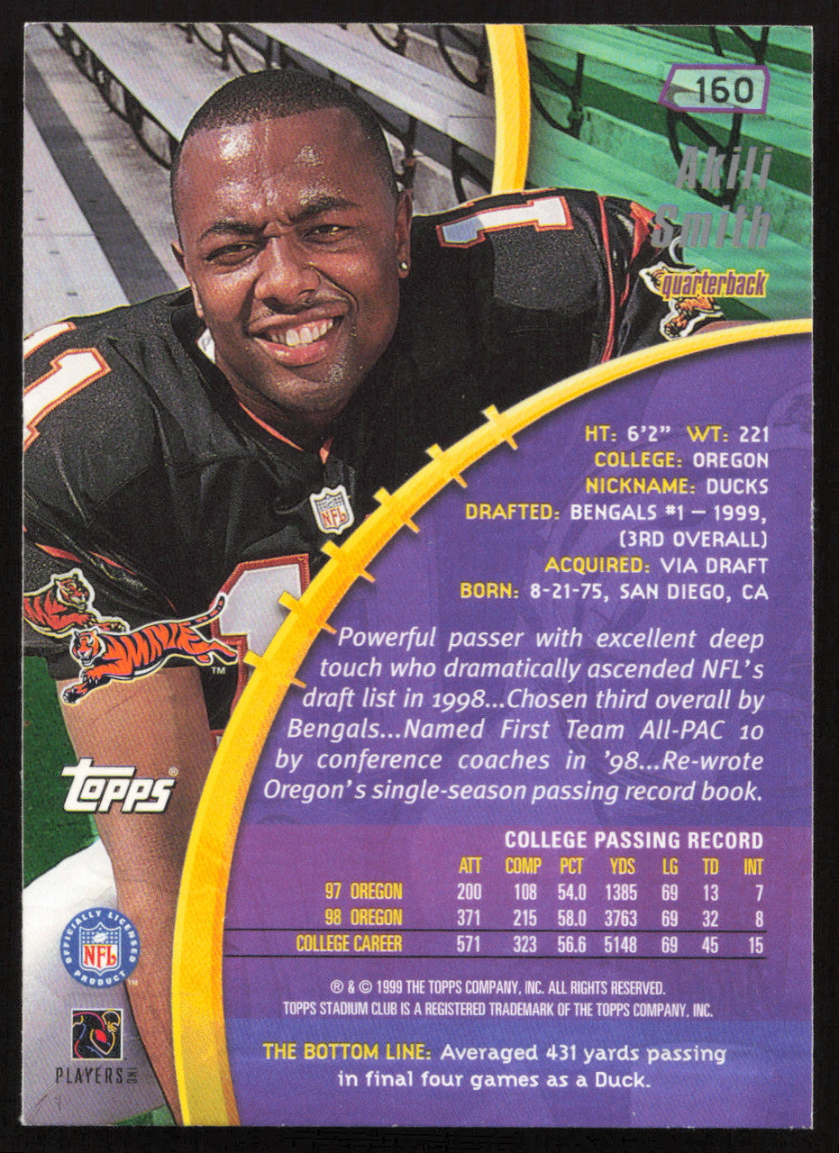 Akili Smith Autographed 1999 Stadium Club Rookie Card #160 Cincinnati Bengals SKU #261360