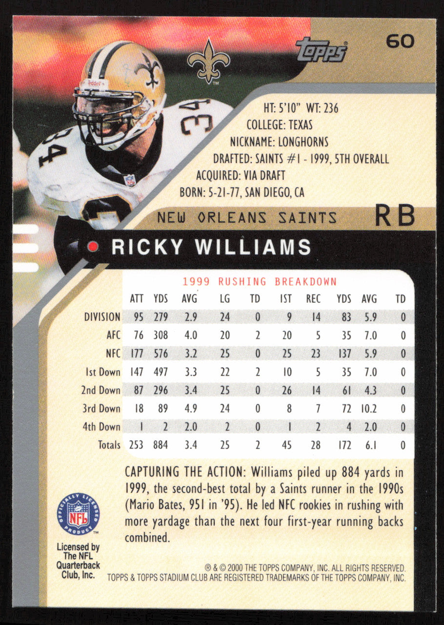 Ricky Williams Autographed 2000 Stadium Club Card #60 New Orleans Saints SKU #261364