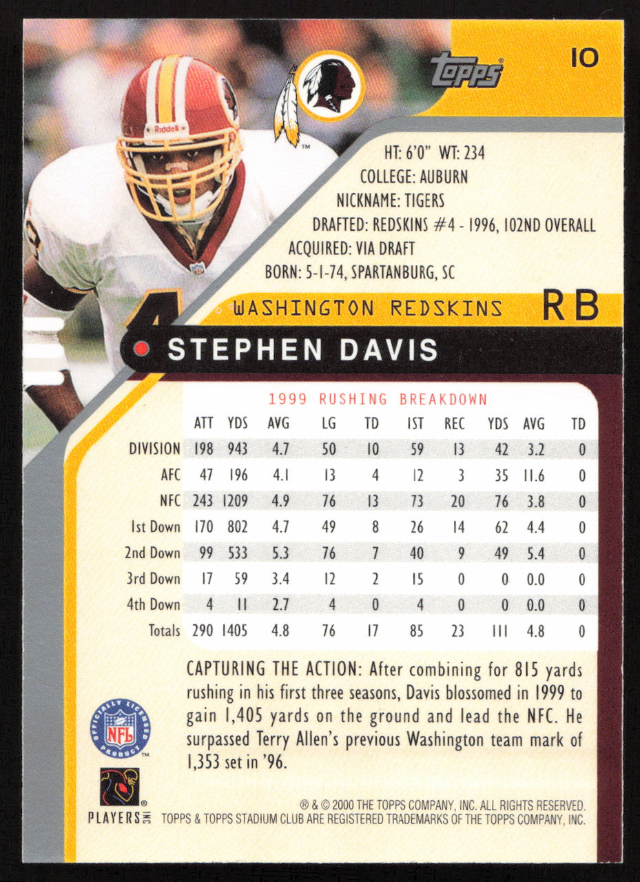 Stephen Davis Autographed 2000 Stadium Club Card #10 Washington Redskins SKU #261366