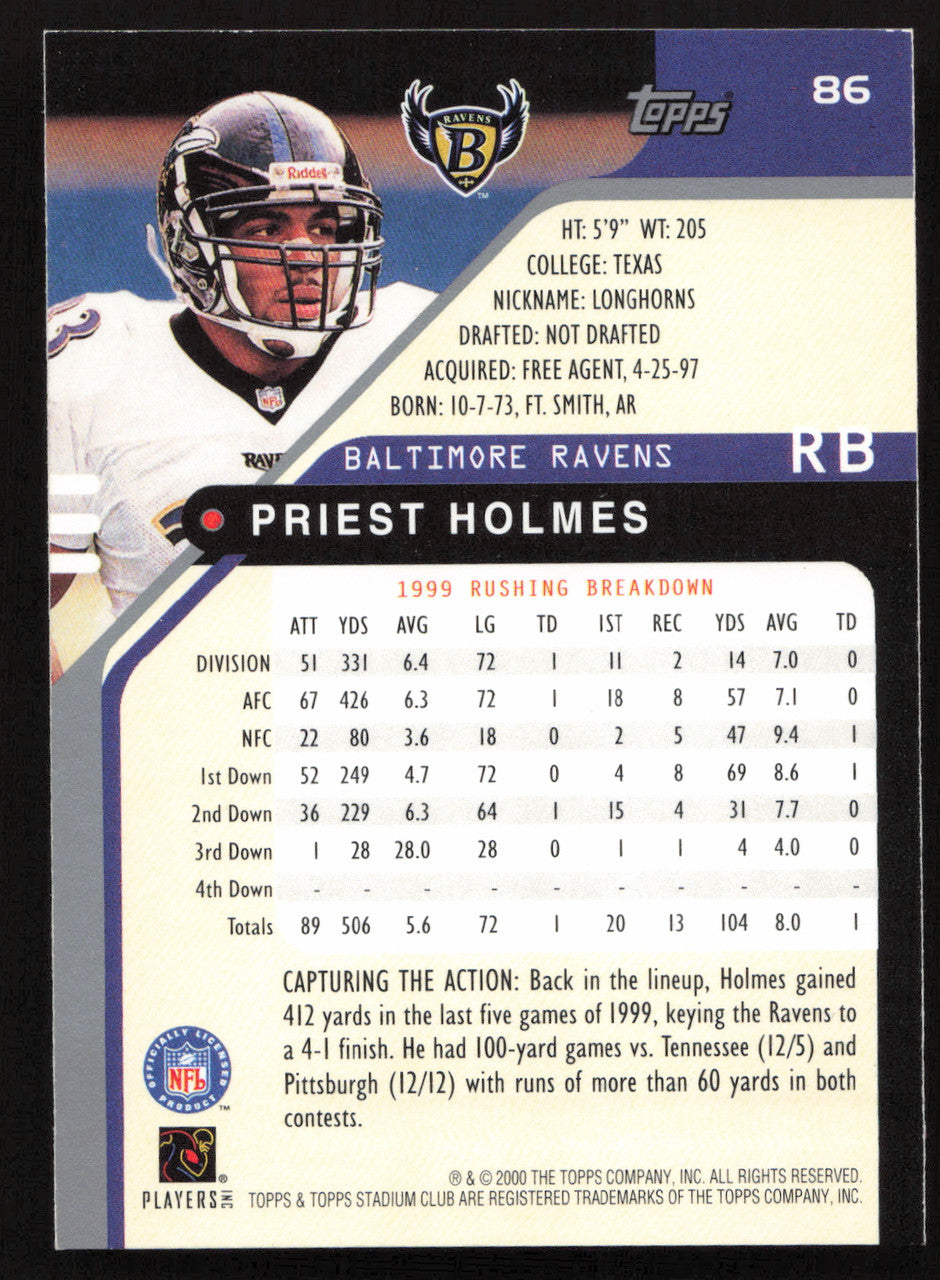 Priest Holmes Autographed 2000 Stadium Club Card #86 Baltimore Ravens SKU #261369