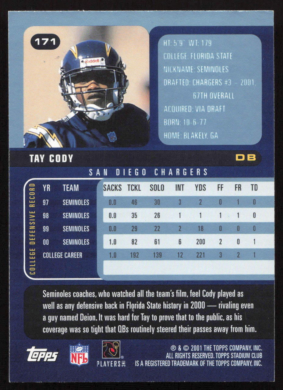 Tay Cody Autographed 2001 Stadium Club Card #171 San Diego Chargers SKU #261372