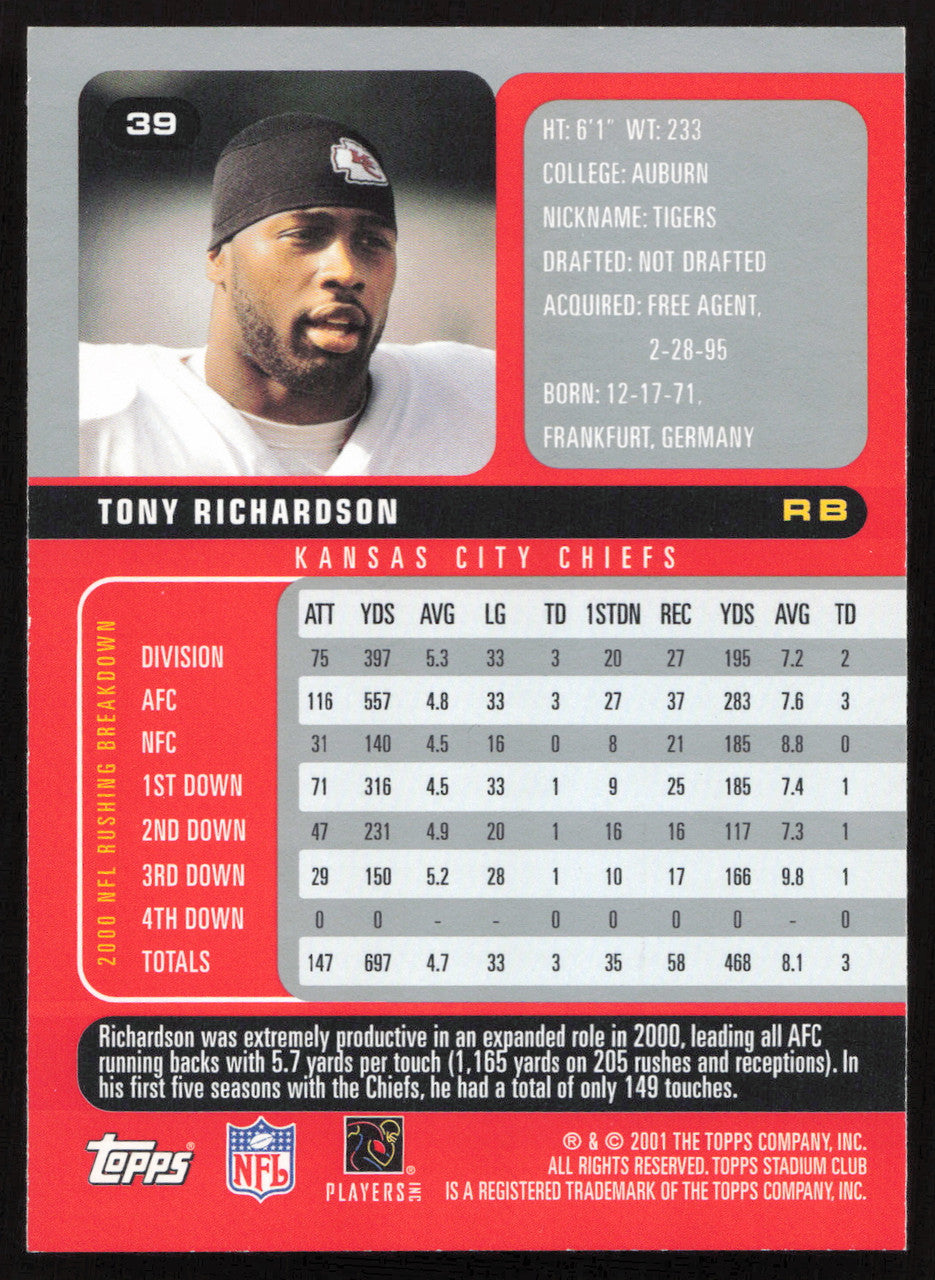 Tony Richardson Autographed 2001 Stadium Club Card #39 Kansas City Chiefs SKU #261375