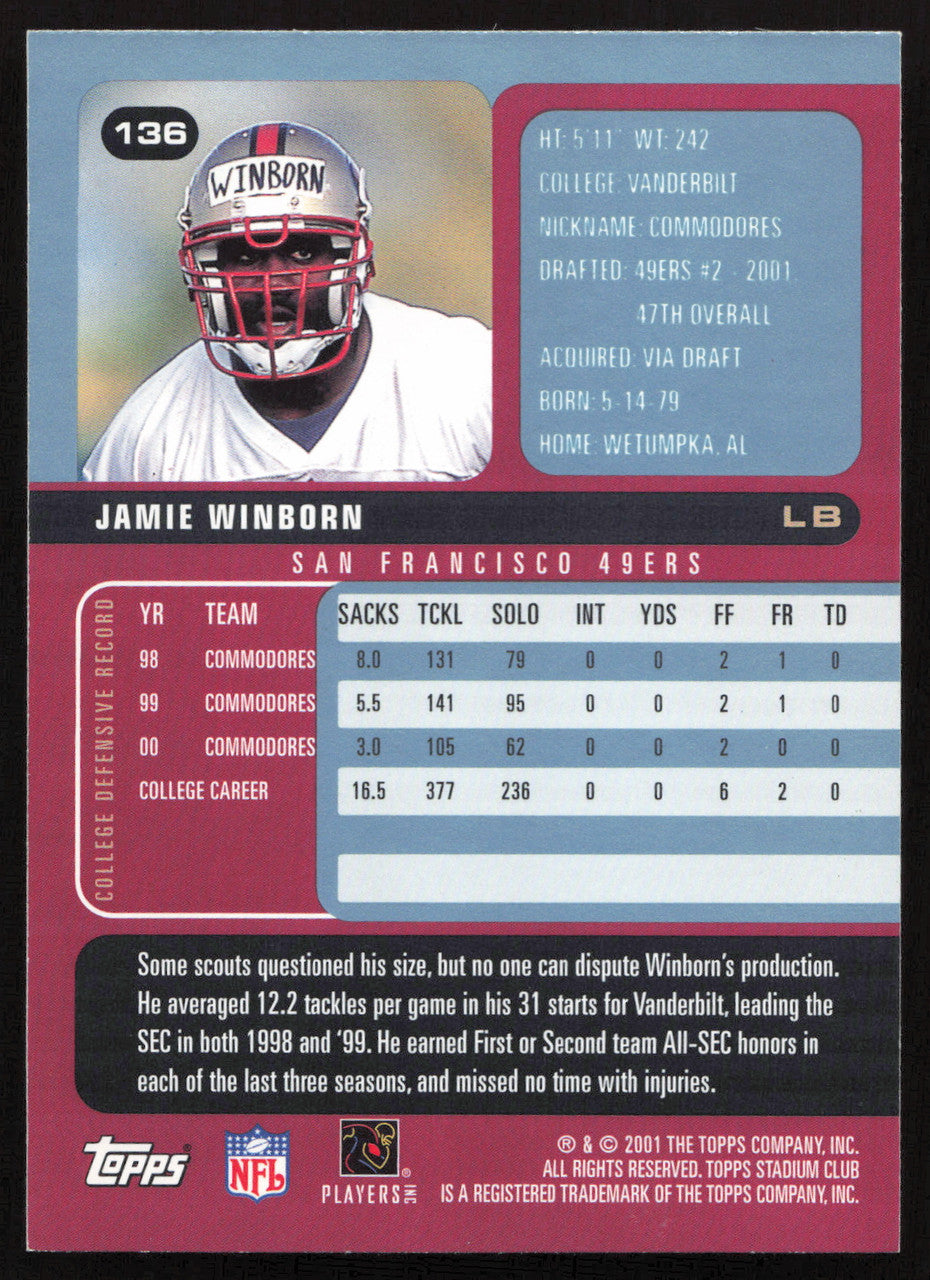 Jamie Winborn Autographed 2001 Stadium Club Card #136 San Francisco 49ers SKU #261376