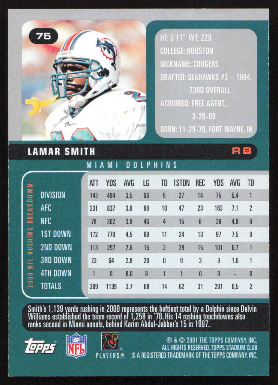 Lamar Smith Autographed 2001 Stadium Club Card #75 Miami Dolphins SKU #261377