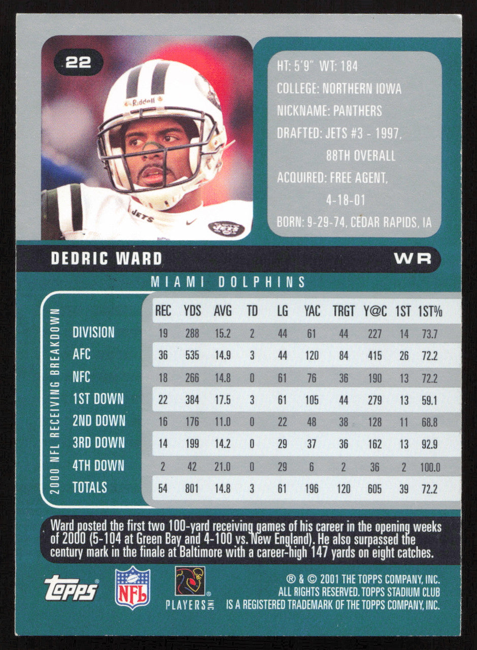 Dedric Ward Autographed 2001 Stadium Club Card #22 Miami Dolphins SKU #261379