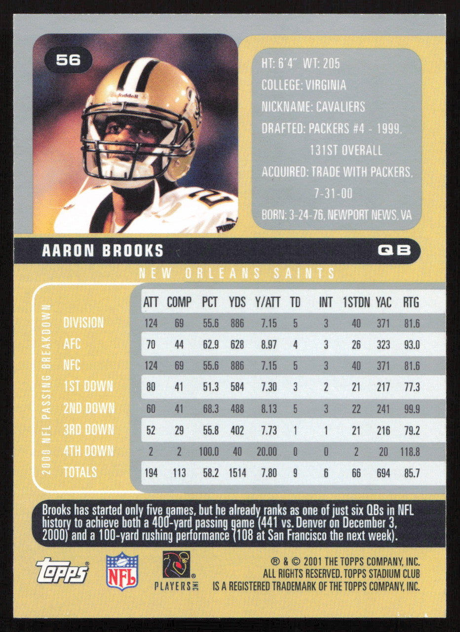 Aaron Brooks Autographed 2001 Stadium Club Card #56 New Orleans Saints SKU #261381