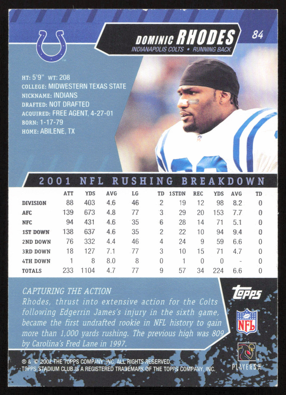 Dominic Rhodes Autographed 2002 Stadium Club Card #84 Indianapolis Colts SKU #261386
