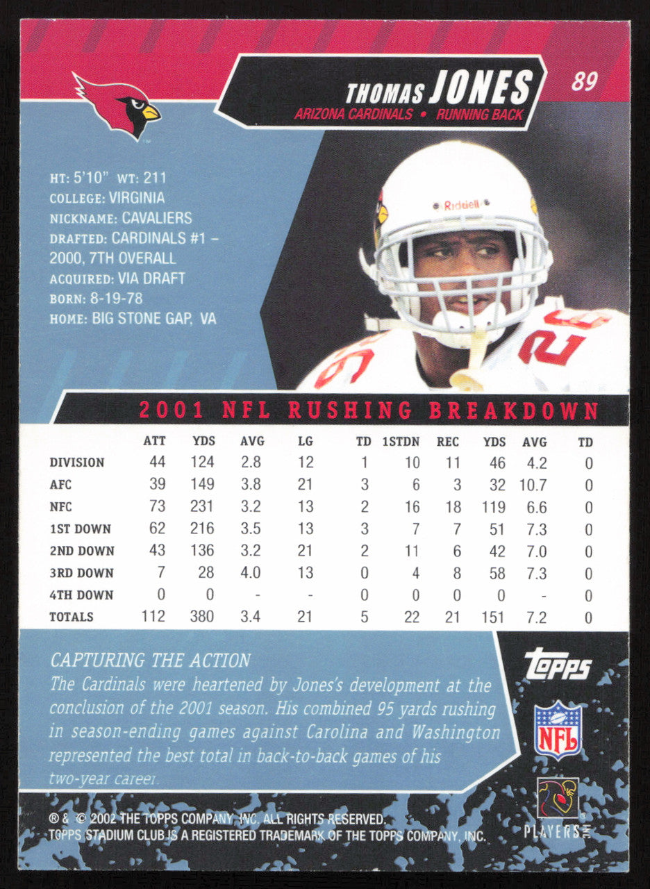 Thomas Jones Autographed 2002 Stadium Club Card #89 Arizona Cardinals SKU #261389