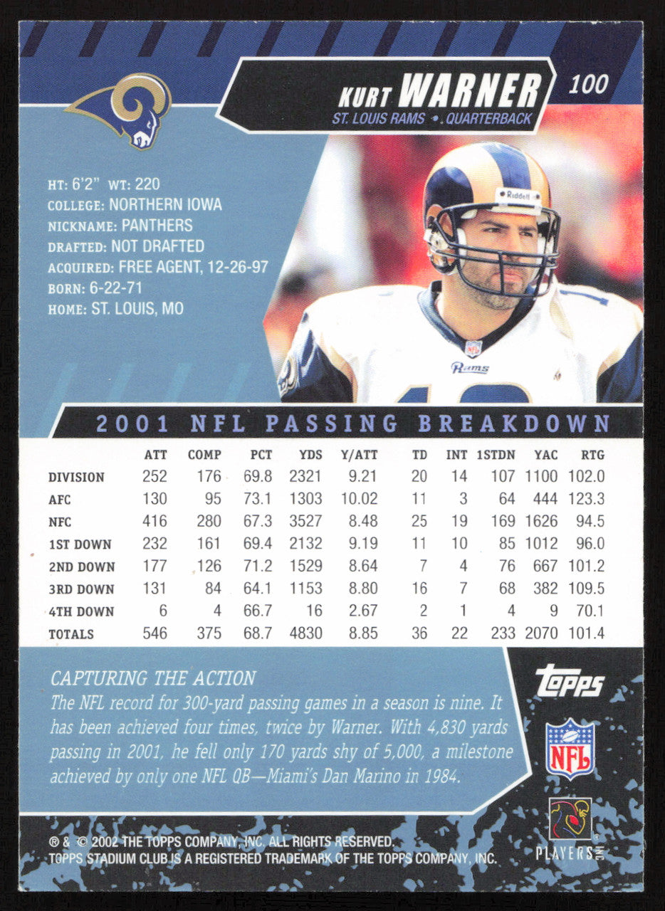 Kurt Warner Autographed 2002 Stadium Club Card #100 St. Louis Rams SKU #261392