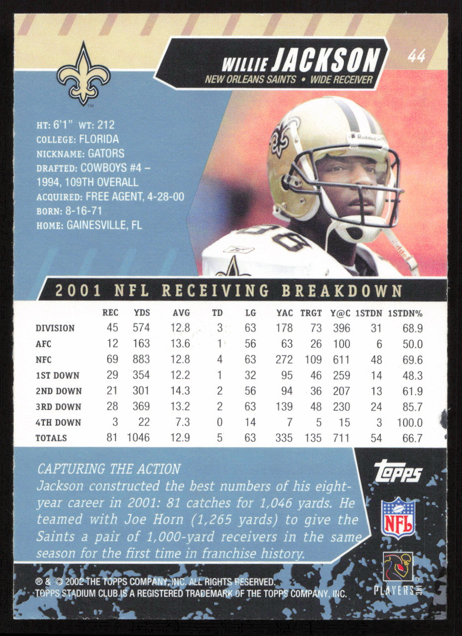 Willie Jackson Autographed 2002 Stadium Club Card #44 New Orleans Saints SKU #261395