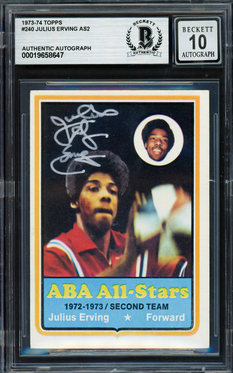 Julius Dr. J Erving Autographed 1973-74 Topps Card #240 Virginia Squires Auto Grade Gem Mint 10 Beckett BAS #19658647
