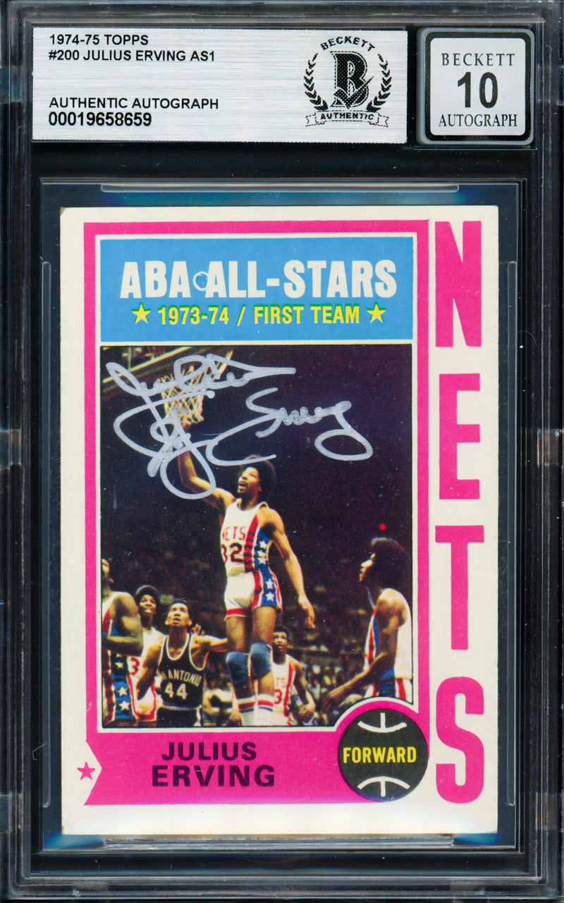 Julius Dr. J Erving Autographed 1974-75 Topps Card #200 New York Nets Auto Grade Gem Mint 10 Beckett BAS #19658659
