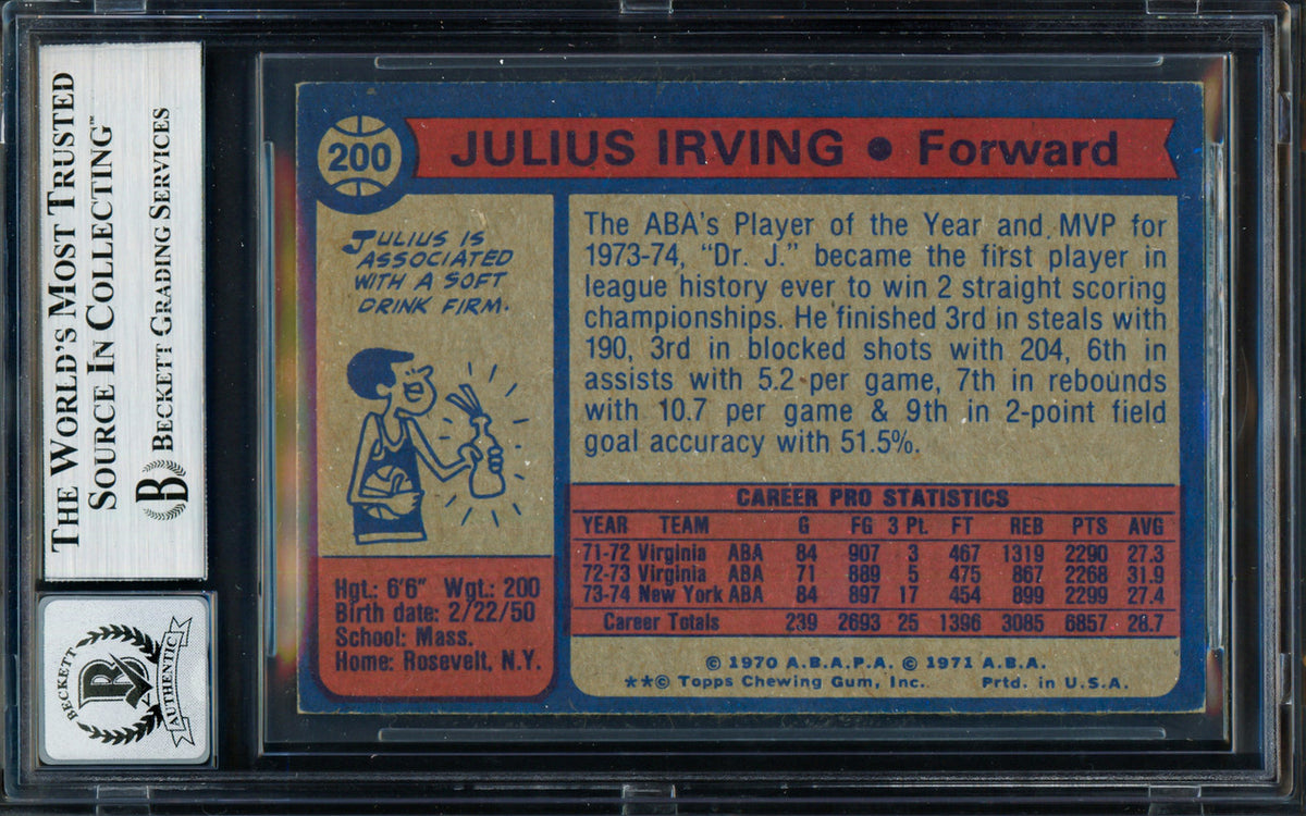 Julius Dr. J Erving Autographed 1974-75 Topps Card #200 New York Nets Auto Grade Gem Mint 10 Beckett BAS #19658659
