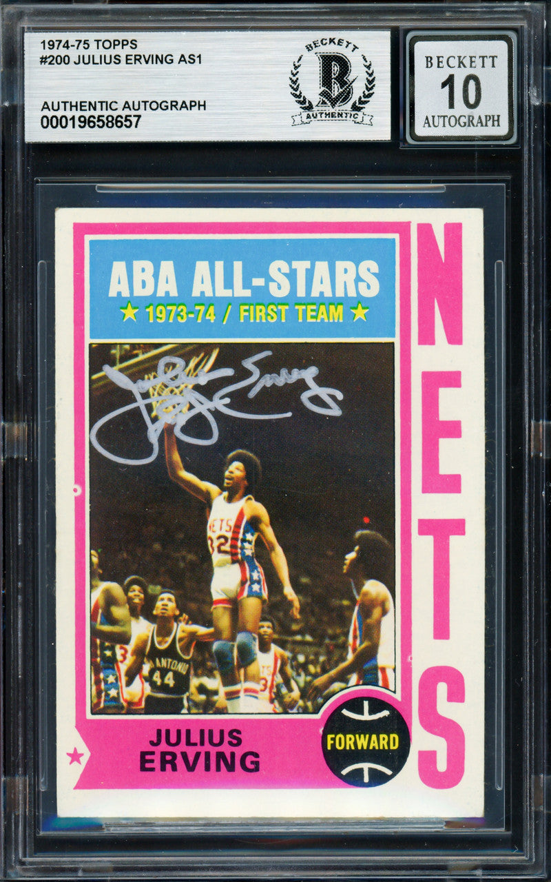 Julius Dr. J Erving Autographed 1974-75 Topps Card #200 New York Nets Auto Grade Gem Mint 10 Beckett BAS #19658657