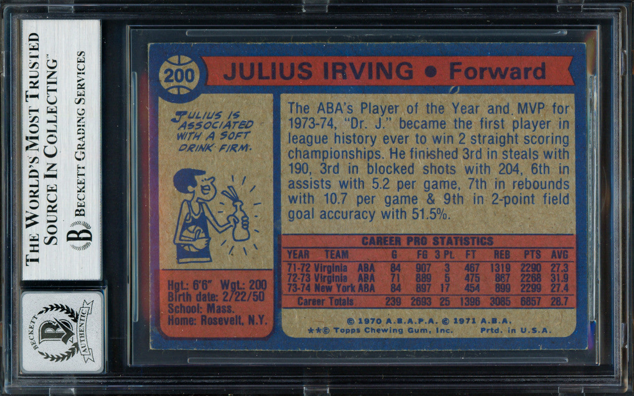Julius Dr. J Erving Autographed 1974-75 Topps Card #200 New York Nets Auto Grade Gem Mint 10 Beckett BAS #19658657