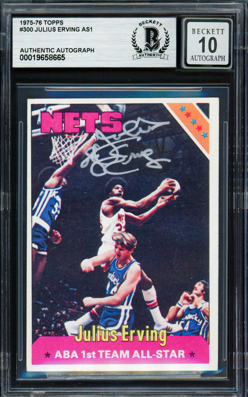 Julius Dr. J Erving Autographed 1975-76 Topps Card #300 Philadelphia 76ers Auto Grade Gem Mint 10 Beckett BAS #19658665